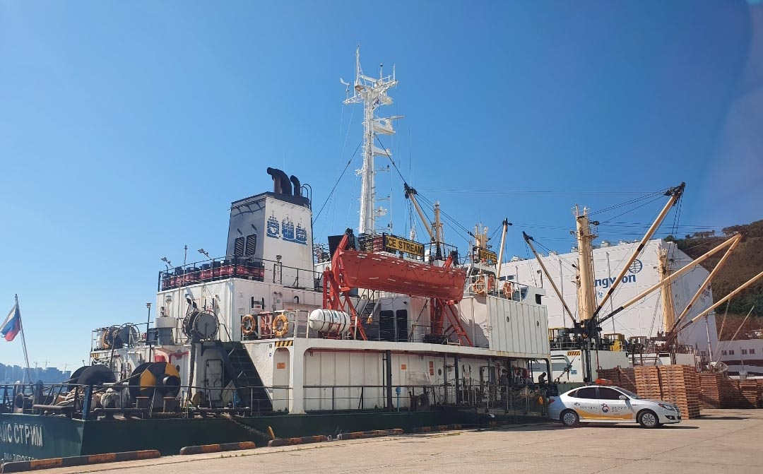 지난 22일 부산 감천항에 입항한 러시아 국적 냉동 화물선 A호(3933t). 이 배 승선자 21명 중 선장 등 16명이 같은 날 신종 코로나바이러스 감염증(코로나19) 양성 판정을 받았다. 하역 작업 등을 위해 이 화물선에 올랐던 부산항운노조원과 선박 수리공 등 160명가량이 접촉자로 분류돼 조합원 대기실에 긴급히 격리됐다. [연합]