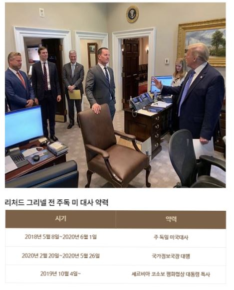 리처드 그리넬 전 주독 미국대사가 백악관에서 도널드 트럼프 대통령이 선물로 준 장관 의자에 손을 올리고 있다. 그리넬 전 대사는 이달 초 자신의 SNS에 이 사진을 게재, “국가정보국장 대행에겐 내각의 의자를 주지 않는데 대통령은 내가 하나 갖길 원했다”고 신뢰를 과시했다. 사진 뒷편엔 트럼프 대통령의 사위 재러드 쿠슈너 선임보좌관도 서있다. [리처드 그리넬 전 대사 인스타그램 캡처]