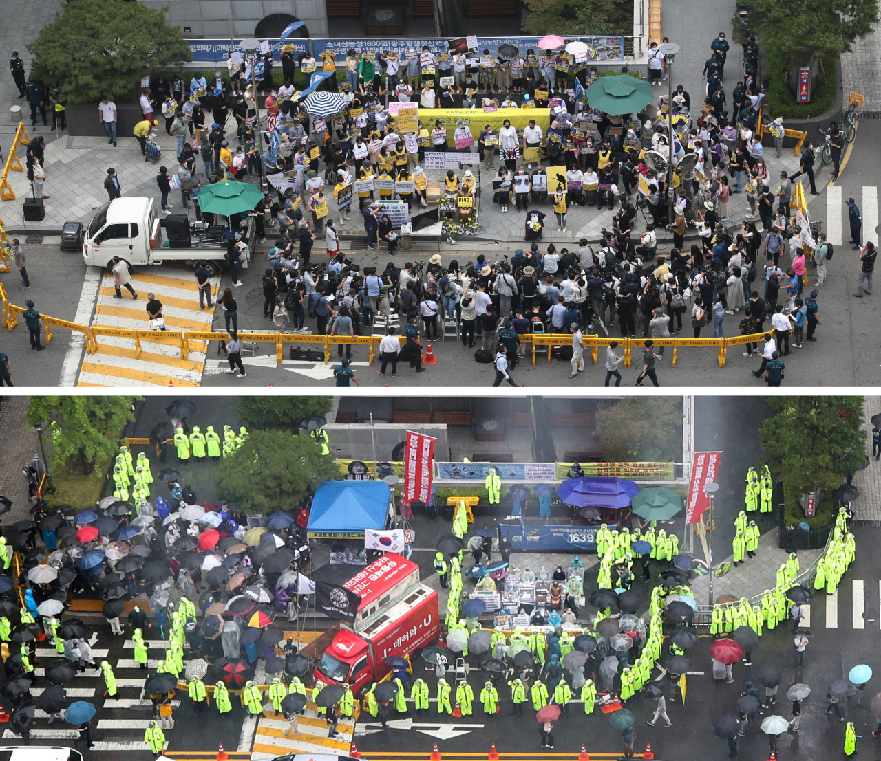 Two rallies take place 10 meters apart near the former Japanese Embassy building in Seoul on Wednesday. The top photo shows the Korean Council for Justice and Remembrance for the Issues of Military Sexual Slavery by Japan, waging its 1,445th weekly rally. The bottom photo shows the Freedom Union, which took over the spot where the survivor advocacy group had gathered for 28 years. (Yonhap)