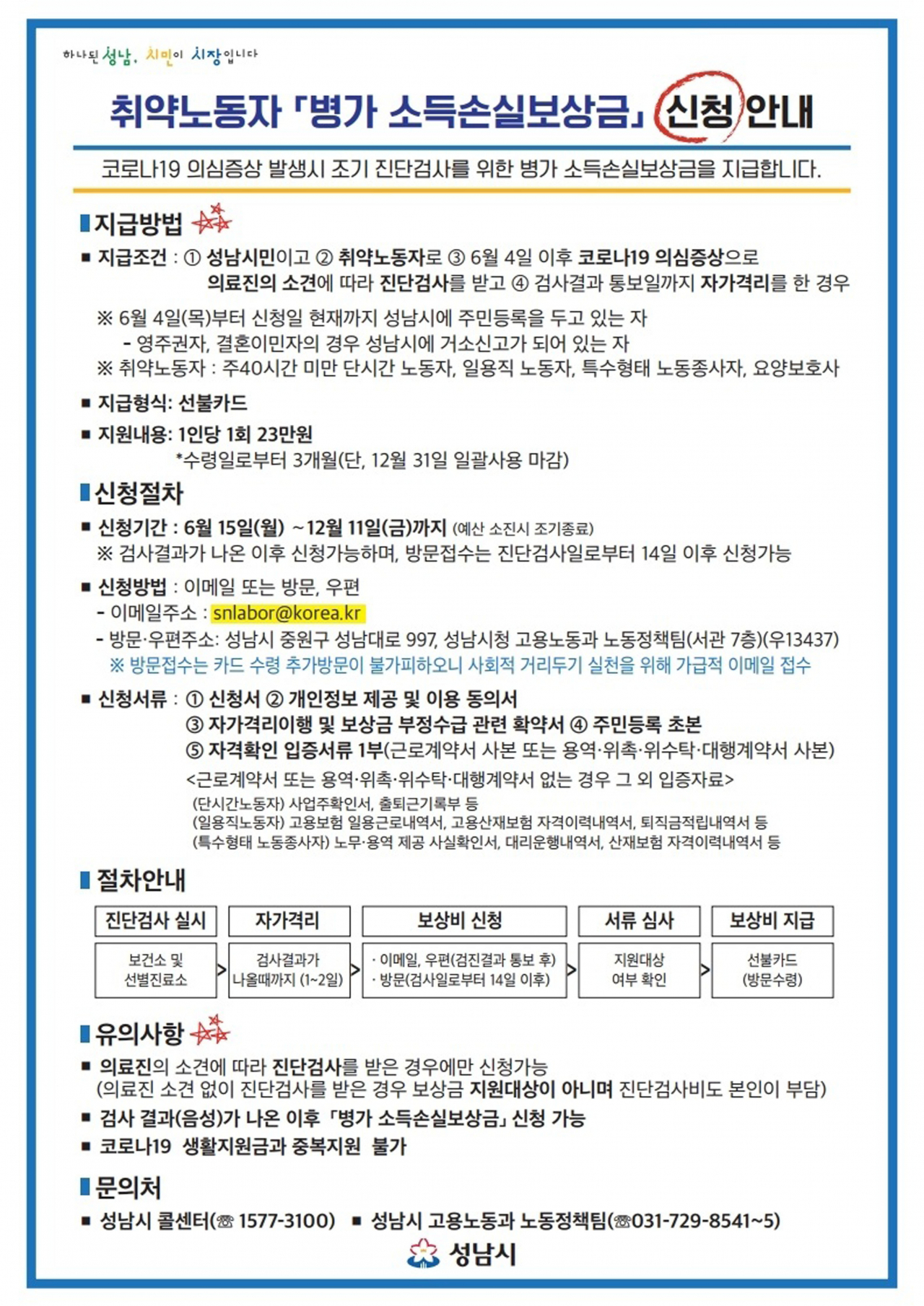 취약노동자 병가 소득손실보상금 신청안내 포스터.