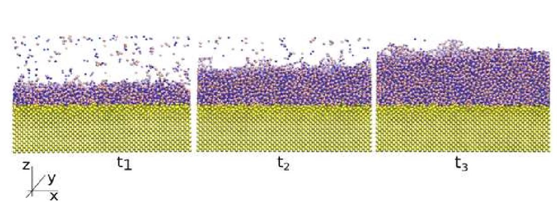 실리콘 기판 (노란색) 위에서 붕소 및 질소의 증착에 의해 3nm a-BN 박막이 형성되는 과정 시뮬레이션. [과학기술정보통신부 제공]