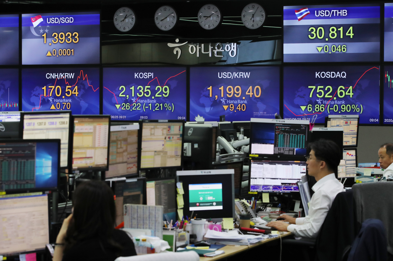 코스피가 1%대 급락 출발한 25일 오전 서울 중구 하나은행 딜링룸 전광판에 코스피 지수, 원/달러 환율 등이 표시돼있다. 코스피 지수는 전날보다 31.06포인트 내린 2,130.45, 코스닥지수는 전 거래일보다 9.69포인트(1.28%) 내린 749.81로 출발했다. 연합뉴스