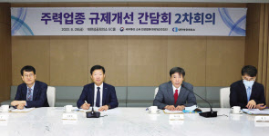 대한상공회의소와 민관합동 규제개선추진단은 26일 ‘주력업종 규제개선 간담회 2차회의’를 개최했다. 왼쪽부터, 이경상 대한상의 경제조사본부장, 우태희 대한상의 상근부회장, 박구연 민관합동 규제개선추진단 공동단장, 김건 민관합동 규제개선추진단 부단장. [대한상의 제공]