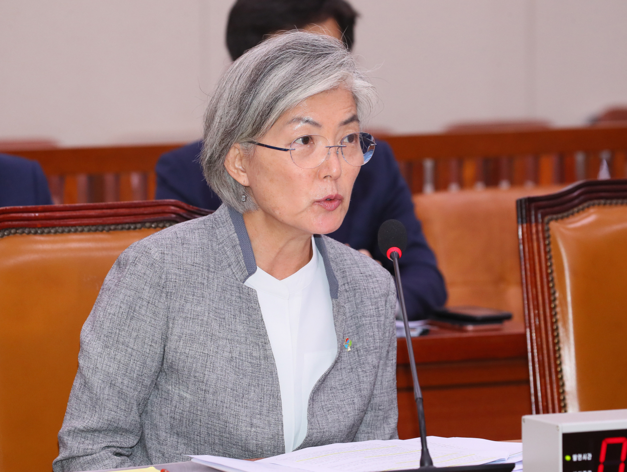 강경화 외교부 장관이 29일 미래통합당 의원들이 불참한 가운데 열린 국회 외교통일위원회 전체회의에서 질의에 답변하고 있다. 연합뉴스