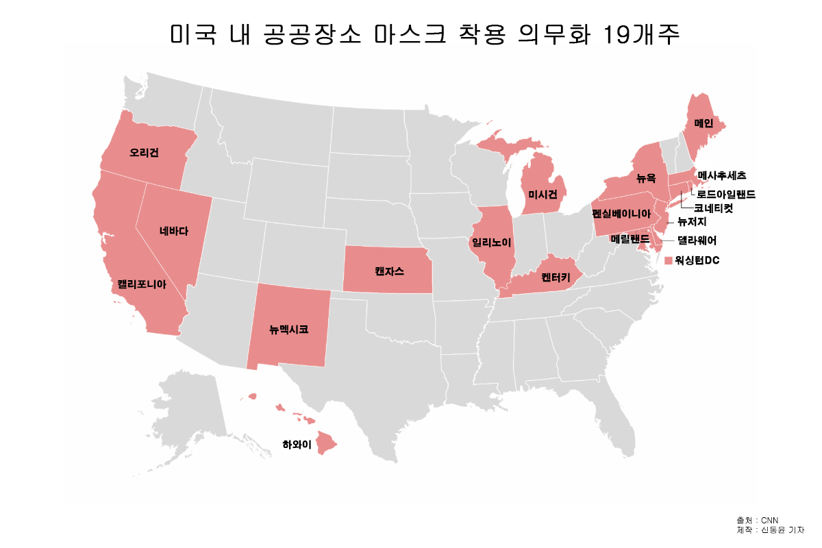 미국 내 공공장소 마스크 착용 의무화 19개주 [CNN]