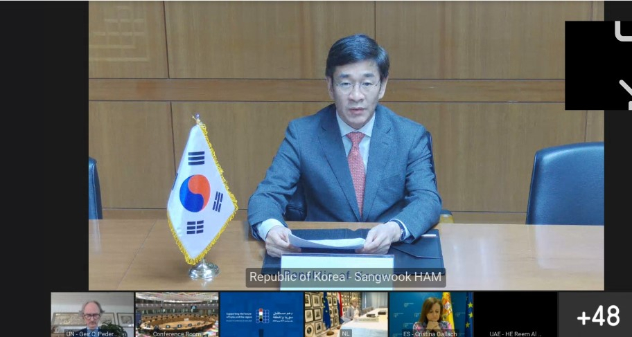 함상욱 외교부 다자외교조정관이 1일 EU와 UN이 공동주최한 시리아 및 주변국 지원 관련 공여국 회의에서 정부대표로 참석, 발언하고 있다. [외교부 제공]