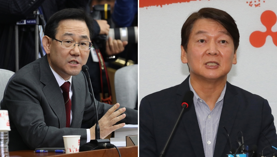 주호영 미래통합당 원내대표(왼쪽)와 안철수 국민의당 대표. [연합]