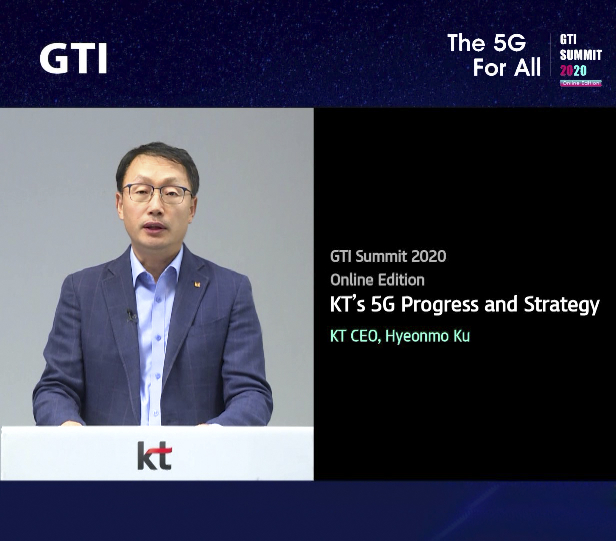 구현모 KT 사장dl 지난 1일 저녁 온라인으로 진행된 ‘GTI 서밋(summit) 2020’에서 기존연설을 하고 있다. [KT 제공]