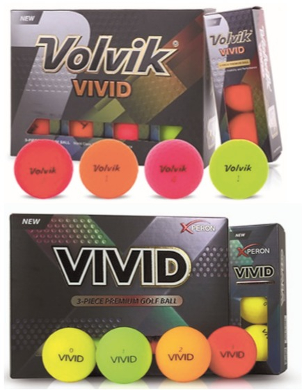 상표권 분쟁소송에 휘말린 무광택 형광색 골프공 표시 ‘비비드(VIVID)’. 법원은 비비드가 일반적 용어로 특정업체가 상표로 독점할 수 없다고 판결했다. 사진은 볼빅(위)과 엑스페론 제품.