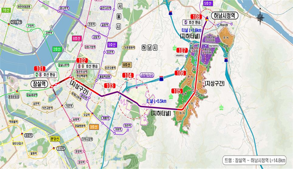 송파~하남 간 도시철도 트램(지상+지하) 노선도 [국토교통부 제공]
