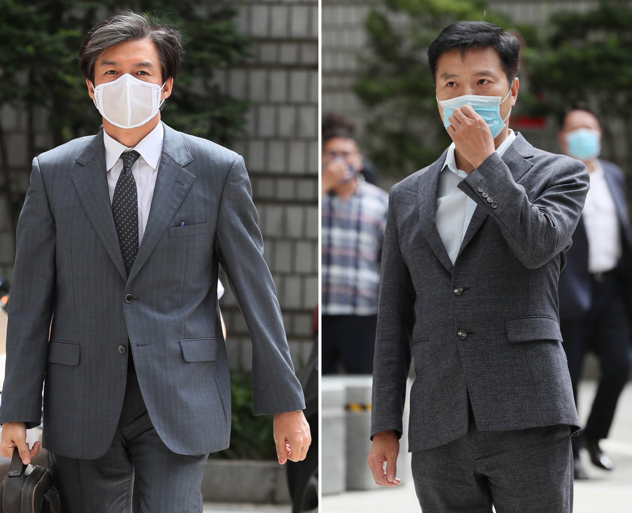 가족 비리와 감찰 무마 의혹 사건 등으로 기소된 조국 전 법무부 장관(왼쪽)이 3일 오후 서초구 서울중앙지법에서 열린 속행 공판에 출석하기 위해 법정으로 향하고 있다. 같은 날 김태우 전 검찰 수사관이 증인으로 출석하기 위해 법정으로 향하고 있다. [연합]