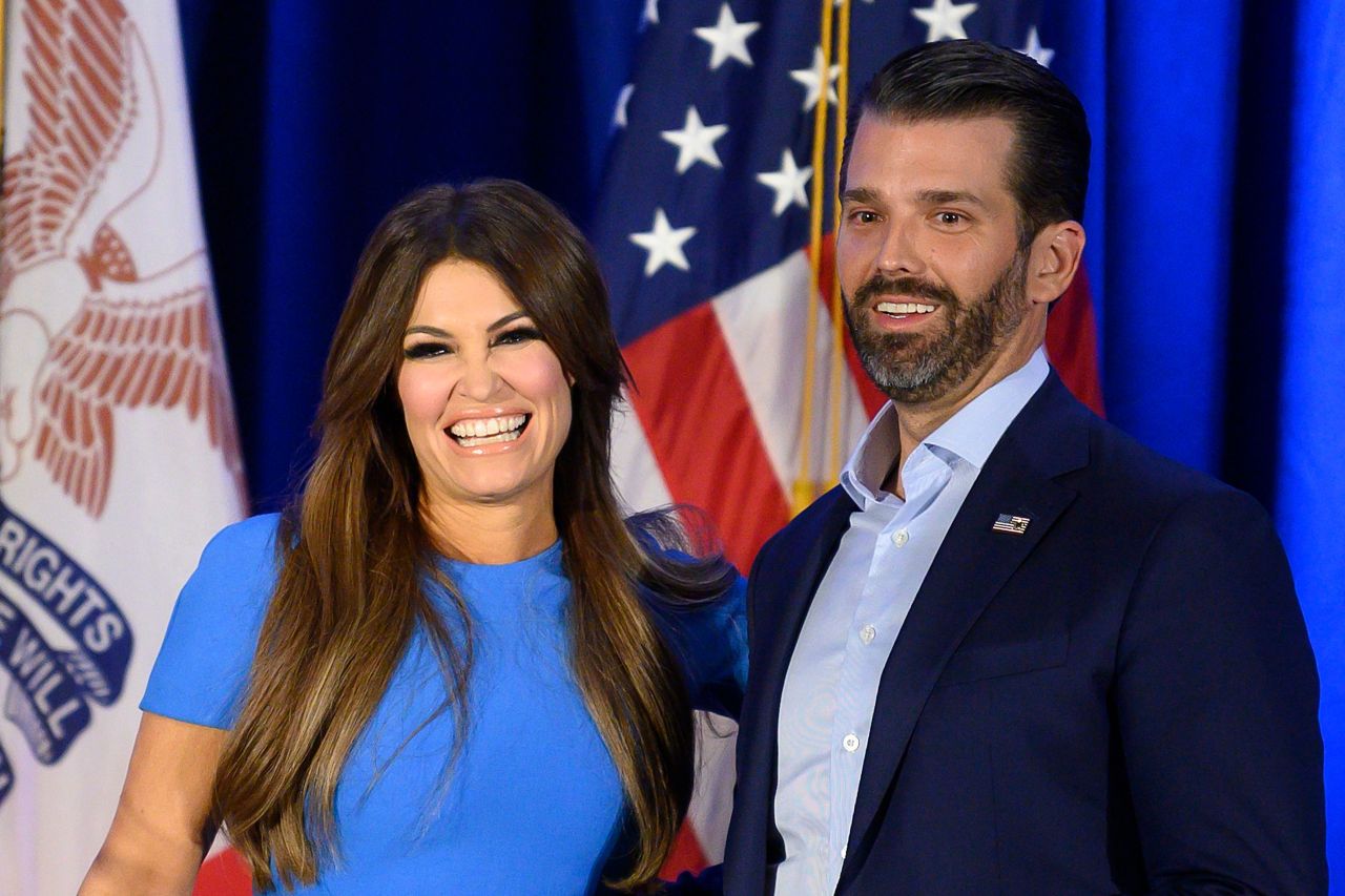 In this file photo taken on February 3, 2020 Donald Trump Jr. (R) and his girlfriend Kimberly Guilfoyle smile during a "Keep Iowa Great" press conference in Des Moines, IA. (AFP-Yonhap)