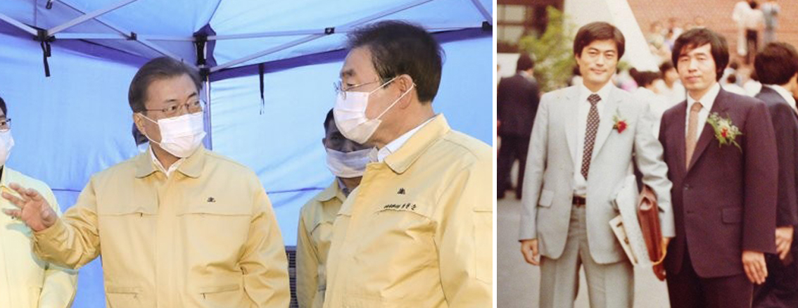 지난 2월 5일 성동구 보건소를 찾은 문재인 대통령과 박원순 서울시장이 대화하고 있다. 왼쪽 사진은 문 대통령과 박 시장이 사법연수원 수료식에서 기념촬영한 모습. [연합]