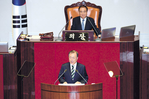 문재인 대통령이 지난해 10월 22일 서울 여의도 국회 본회의장에서 2020년도 예산안에 대한 시정연설을 하고 있다. 이상섭 기자