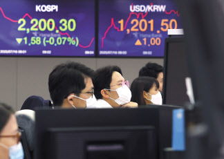 16일 오전 서울 중구 하나은행 본점 딜링룸에서 직원들이 업무를 보고 있다. 코스피지수는 전장보다 1.42포인트(0.06%) 오른 2,203.30으로 개장했다. [연합]