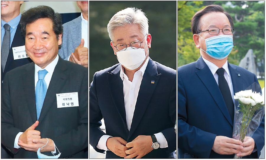 대법원에서 무죄 판결을 받은 이재명(가운데) 경기도지사가 여권의 유력 대권주자로서의 입지를 한층 다진 것은 물론이고, 이낙연(맨 왼쪽) 의원과 김부겸 전 의원의 대결로 압축된 당권 레이스에서도 판도를 좌우할 주요한 변수로 떠올랐다. 대법원 판결 이튿날인 17일 오전 이 지사는 경기도청으로 출근했고, 이 의원은 국회에서 개최된 코로나19 관련 포럼에 참석했으며, 김 전 의원은 대전에서 3.8 민주의거탑을 참배했다. [연합]