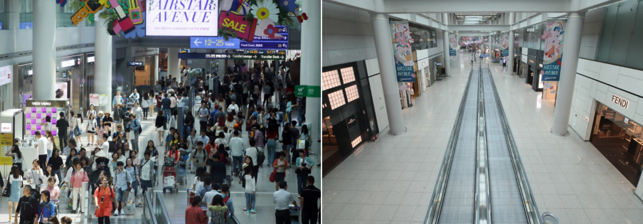 코로나19 사태 전(왼쪽)과 후(오른쪽) 인천국제공항 제1터미널 면세점 구역 이용객이 줄어든 모습. [연합]
