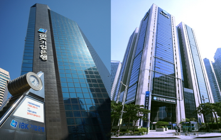 Industrial Bank of Korea headquarters, left, and Woori Bank headquarters, both located in central Seoul. (Yonhap)