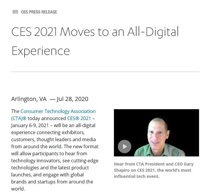 CTA가 CES 2021 온라인 개최를 공식화했다. [CTA 홈피 캡처]