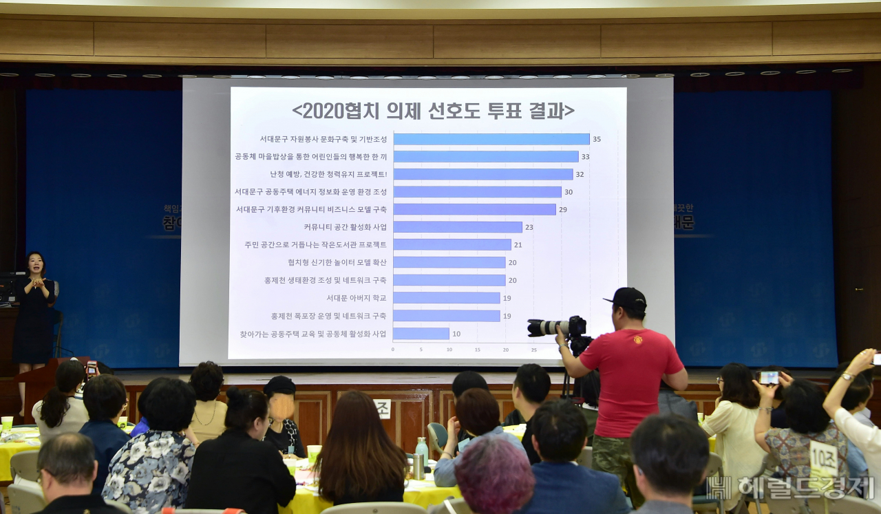 서대문구가 2021년 협치의제 선정을 위한 공론의 장을 오는 31일 ‘온라인’으로 개최한다. 사진은 지난해 7월 구청 대강당에서 열린 서대문 협치의제 공론의 장 모습. [서대문구 제공]