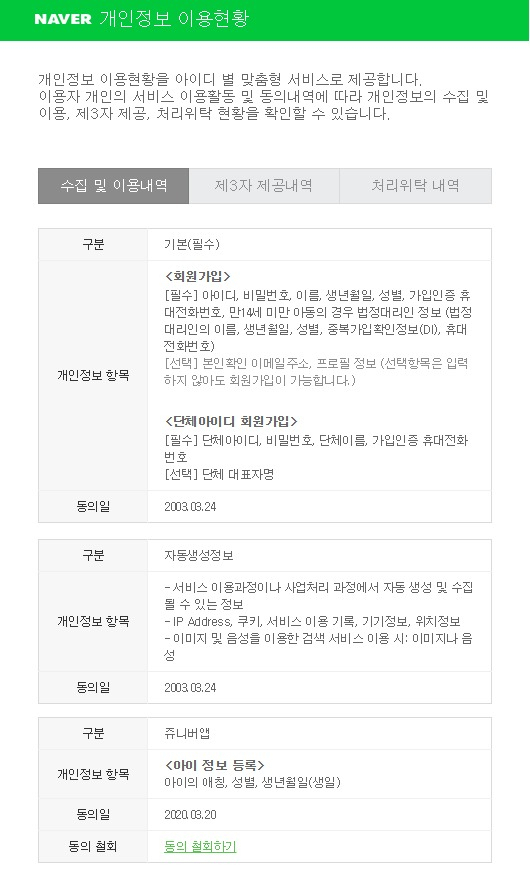 개편된 개인정보 이용현황 서비스의 모습 [네이버 제공]