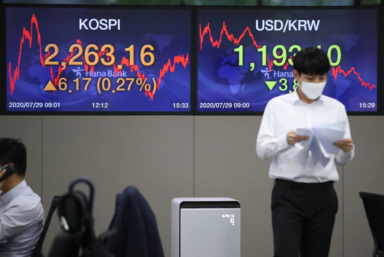 코스피가 상승 마감한 29일 오후 서울 중구 하나은행 본점 딜링룸에서 직원이 업무를 보고 있다. 이날 코스피는 전날보다 6.17포인트(0.27%) 오른 2263.16에 마쳤다. [연합]