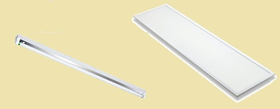 수명을 반영구화 하는 컨버터가 적용된 LED 직관등 20W(왼쪽)와 평판등 25W.