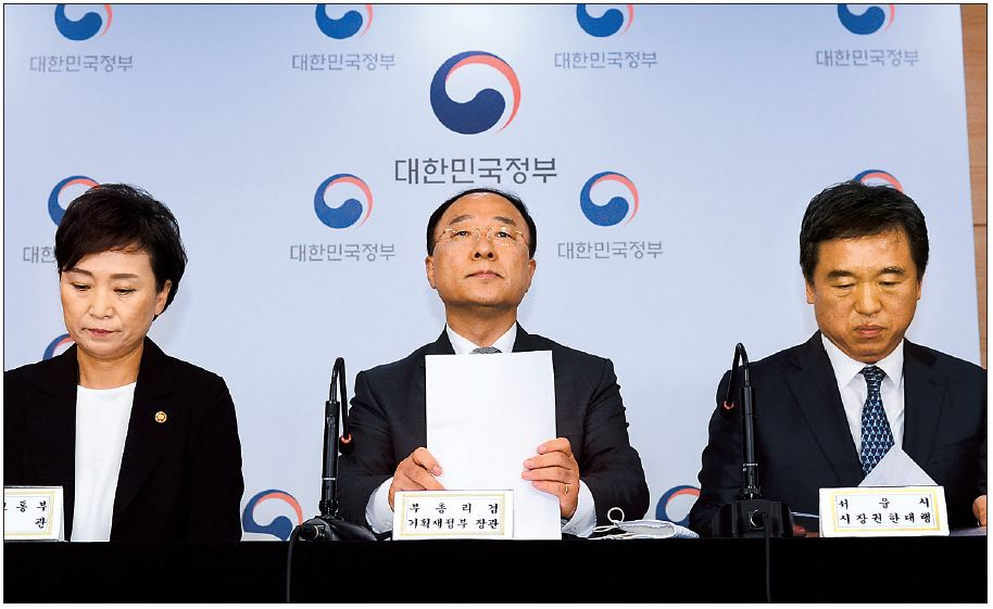 4일 오전 정부서울청사에서 홍남기(가운데) 경제부총리가 서울권역 등 수도권 주택공급 확대방안에 대해서 브리핑을 준비하고 있다. 왼쪽은 김현미 국토교통부 장관, 오른쪽은 서정협 서울시장 권한대행. 박해묵 기자