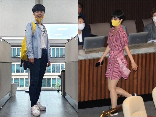 '원피스 등원'으로 화제가 된 류호정 정의당 의원이 6일 청바지와 운동화 차림으로 국회 의원회관에서 포즈를 취하고 있다.[연합]