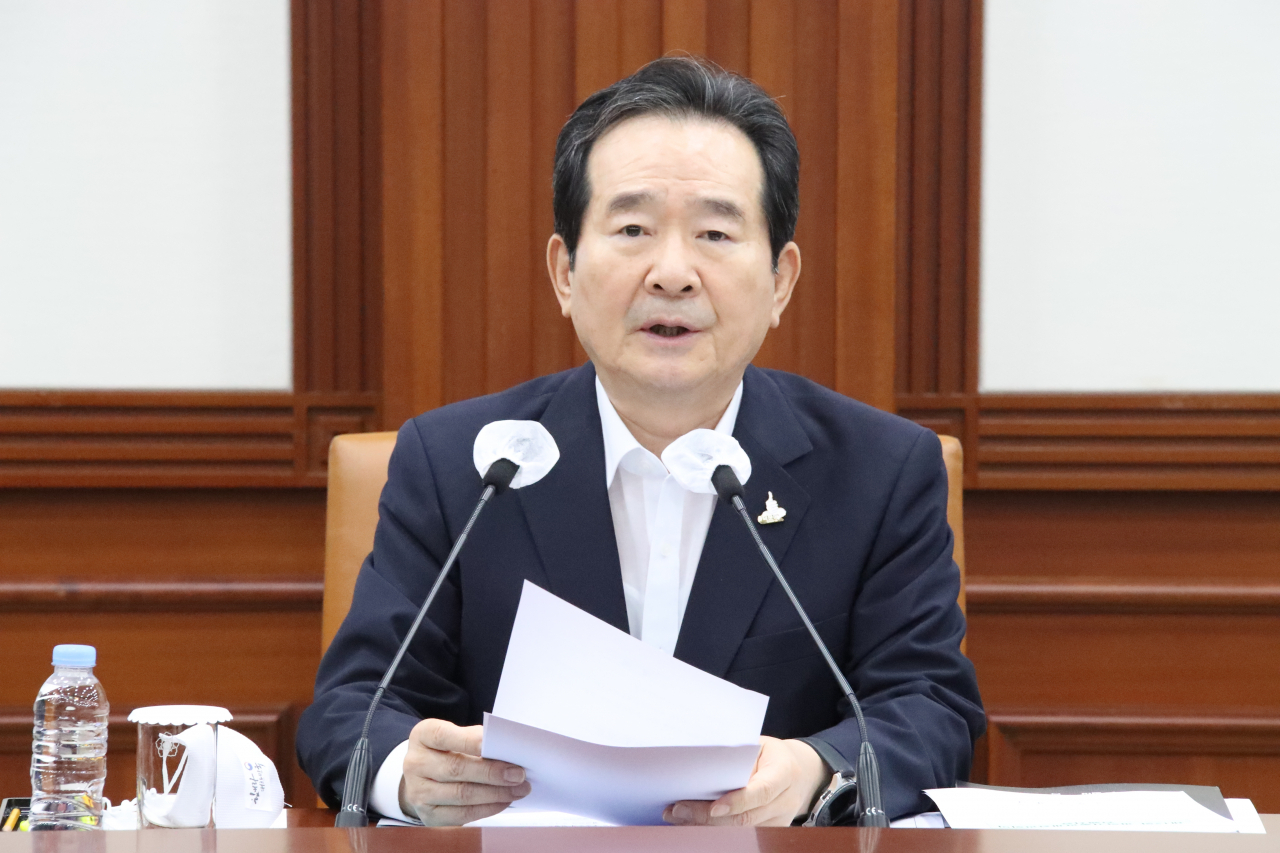 정세균 국무총리가 6일 정부서울청사에서 열린 과학기술관계장관회의를 주재하며 발언하고 있다. [연합］