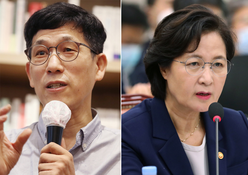 진중권 전 동양대 교수(왼쪽)와 추미애 법무부장관. [연합]