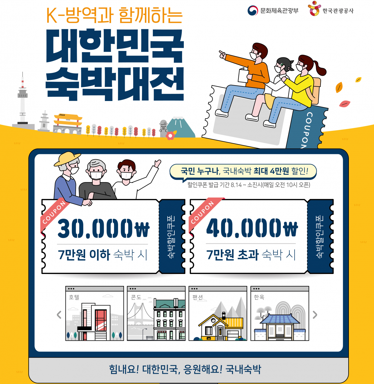 문화체육관광부와 한국관광공사의 국민 100만명 숙박쿠폰 지급 뉴스카드