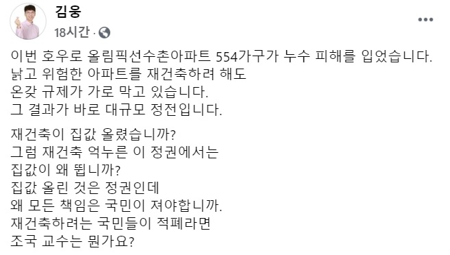 김웅 미래통합당 의원 페이스북 일부 캡처.