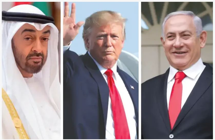 이스라엘과 아랍에미리트(UAE)가 13일(현지시간) 외교 관계 정상화에 합의했다. 이번 합의를 위해 적극 중재에 나선 도널드 트럼프 미국 대통령이 11월 대선을 앞두고 재선에 유리한 외교적 성과를 얻었다는 평가가 지배적이다. (왼쪽부터) 세이크 무함마드 빈 자예드 알나흐얀 UAE 아부다비 왕세자, 트럼프 대통령, 베냐민 네타냐후 이스라엘 총리. [로이터]