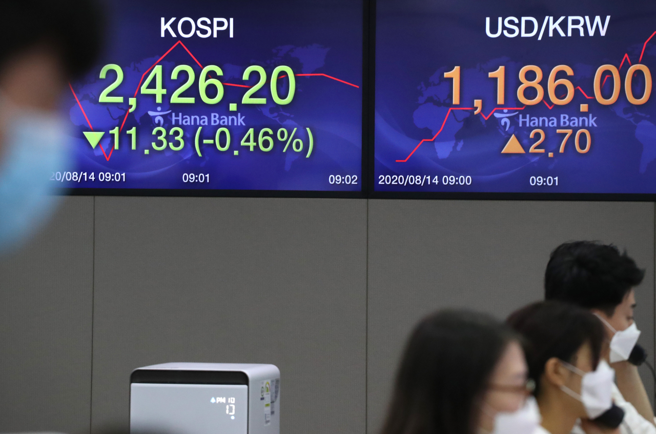 코스피가 하락세로 출발한 14일 오전 서울 하나은행 딜링룸에서 딜러들이 업무를 시작하고 있다. 연합뉴스