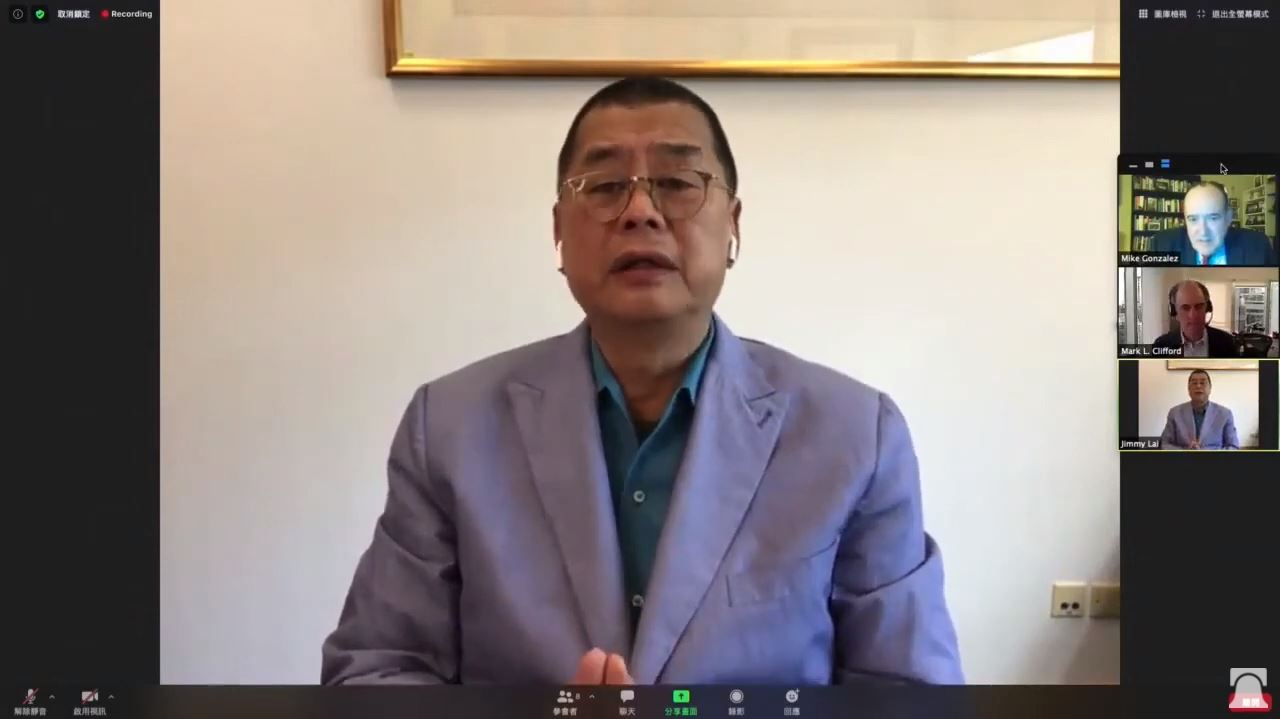 홍콩의 대표적 반중(反中) 매체 빈과일보의 사주 지미 라이(黎智英)가 13일 미국 싱크탱크 헤리티지재단이 주최한 온라인 생방송에 출연해 “홍콩의 자유를 위한 투쟁을 미국이 지지해주기를 바란다”고 말하고 있다. [헤리티지재단 유튜브 캡쳐]