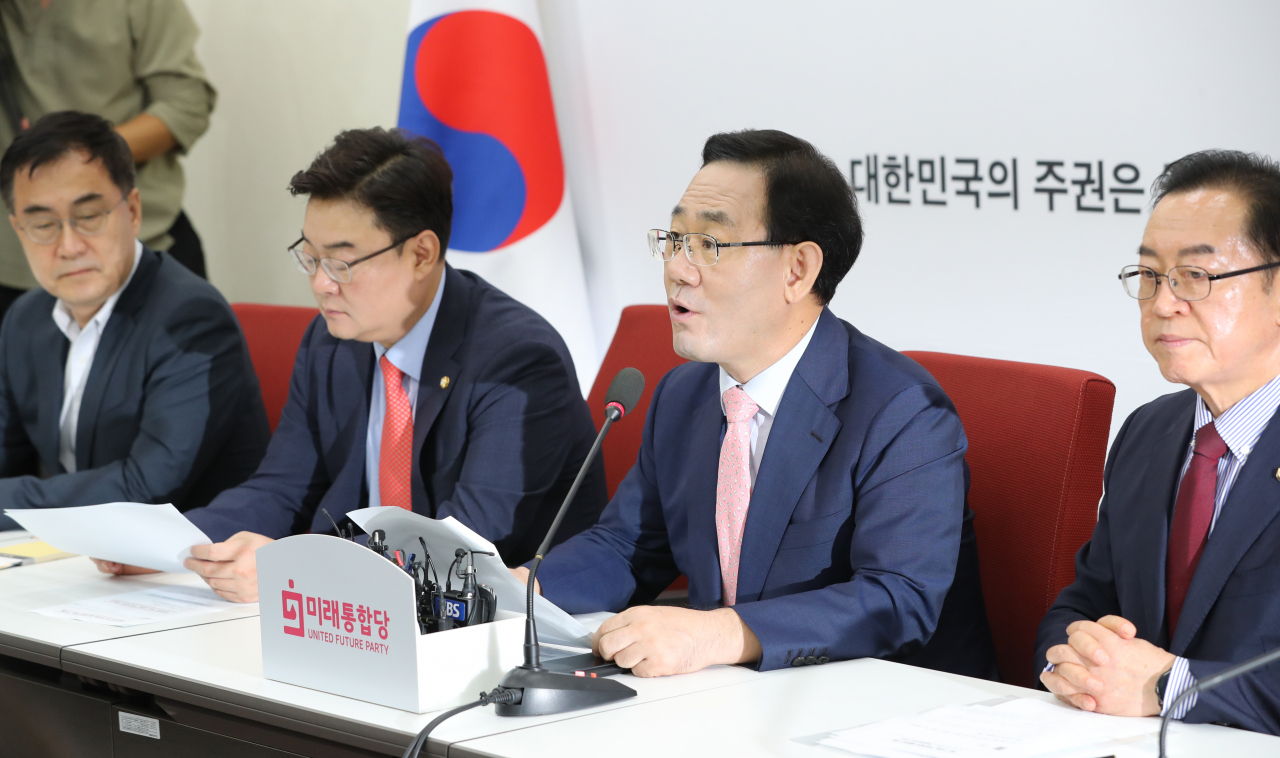 주호영 미래통합당 원내대표가 14일 오전 서울 여의도 국회에서 열린 취임 100일 기자간담회에서 소회를 밝히고 있다. [연합]