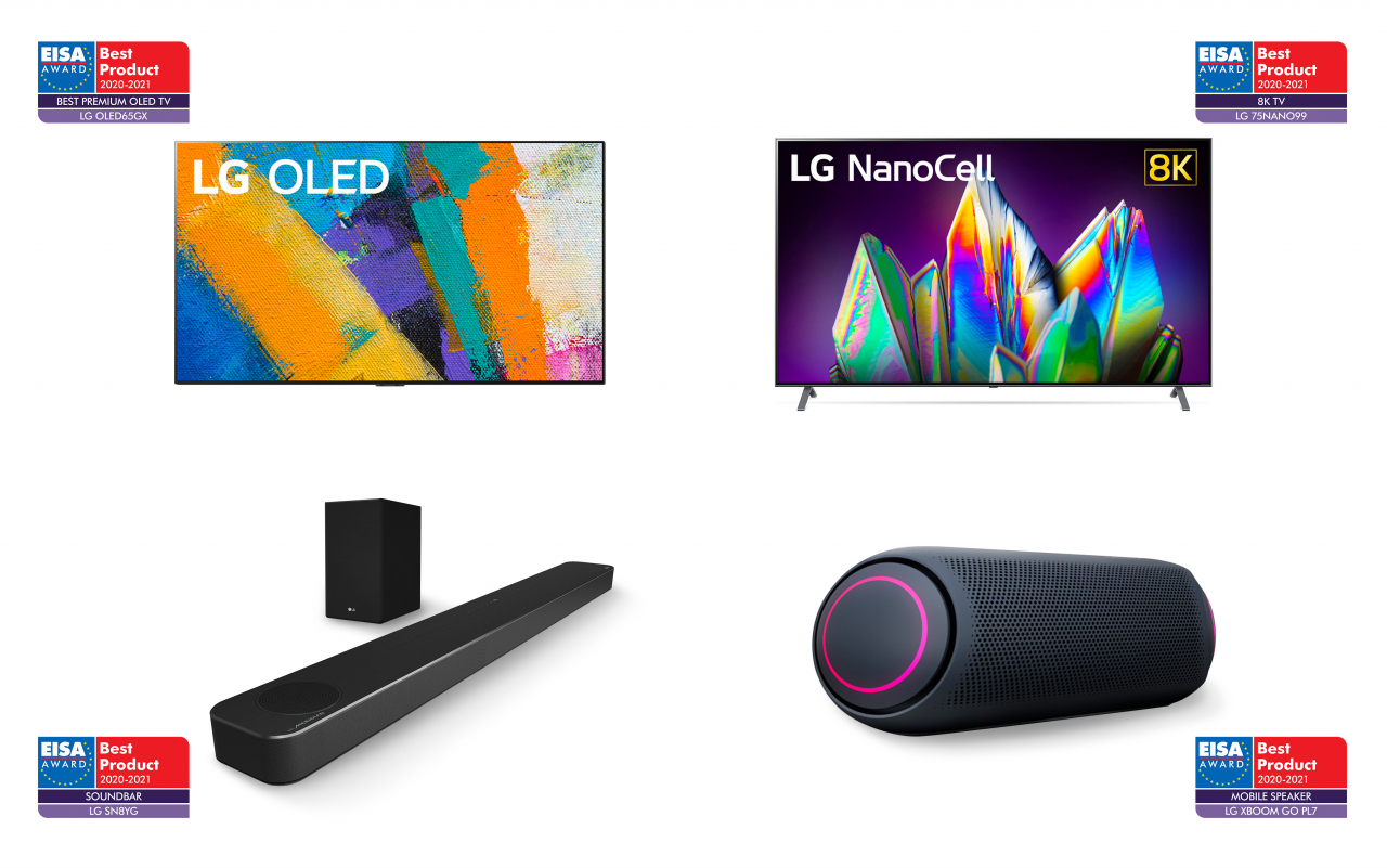 EISA 어워드를 수상한 제품 사진. 왼쪽 상단부터 시계방향으로 LG 올레드 갤러리 TV, LG 나노셀 8K TV, LG 엑스붐 고 스피커, LG 사운드 바. [LG전자 제공]