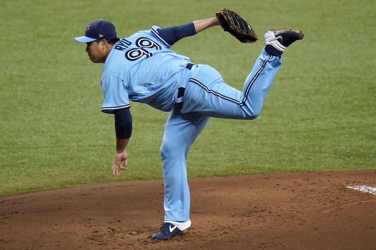 토론토의 류현진이 23일 열린 탬파베이전에서 5이닝 1실점으로 호투했지만 승패없이 물러났다./AP연합뉴스