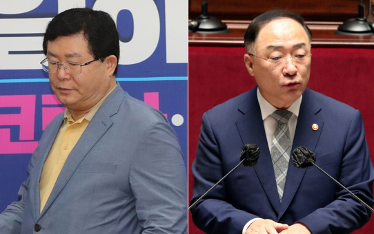 설훈 더불어민주당 최고위원(왼쪽)과 홍남기 부총리 겸 기획재정부 장관. [연합]