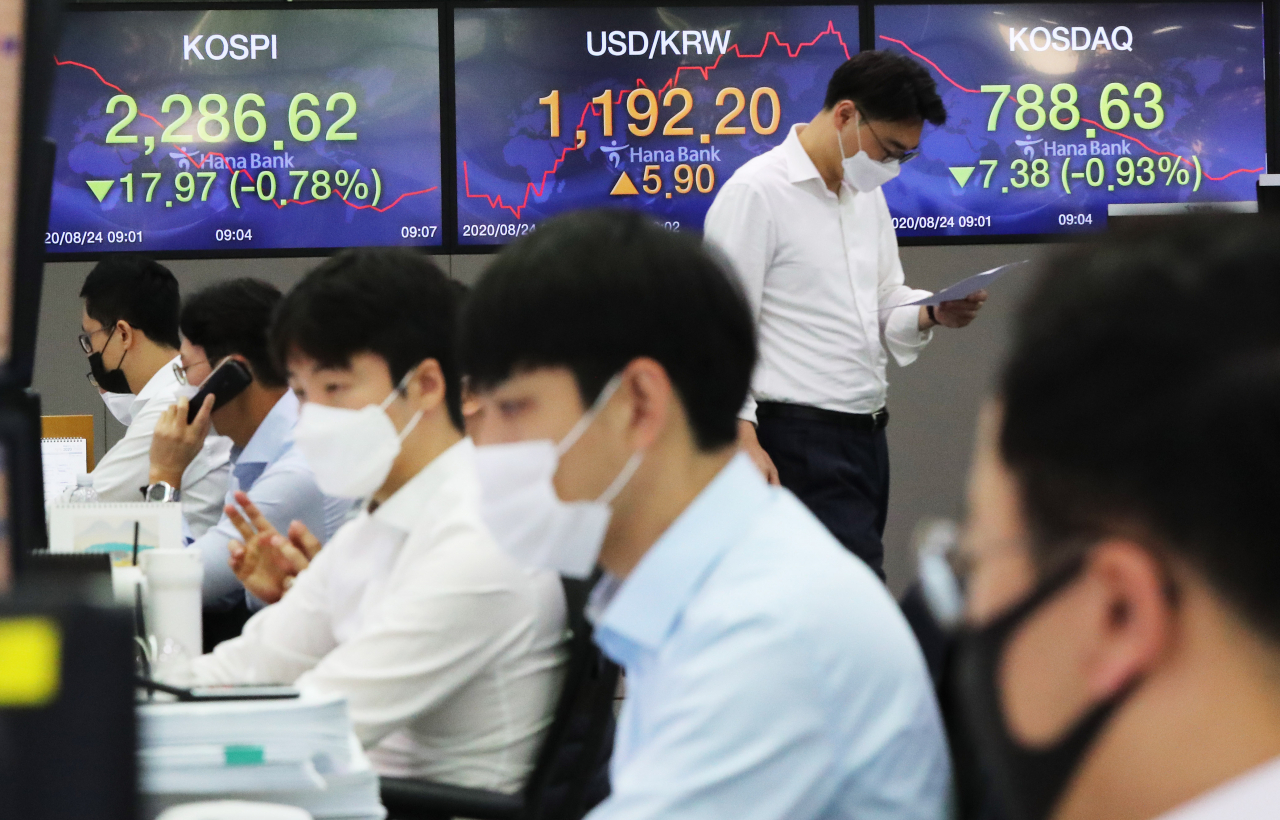 코스피가 24일 약세로 출발하며 2,300선 아래로 내려갔다. 사진은 이날 오전 서울 중구 하나은행 본점 딜링룸. 연합뉴스