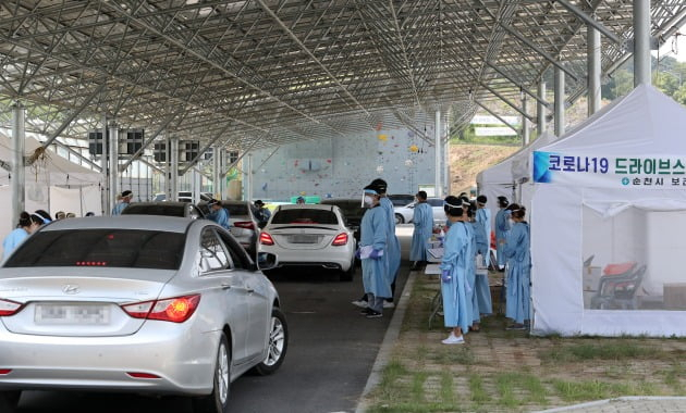 순천 팔마체육관 드라이브스루 검사소에 23일 검사를 받으려는 시민들의 차량이 몰리고 있다. [연합뉴스]