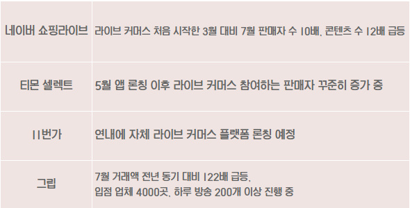 라이브 커머스 서비스를 제공하는 이커머스업계