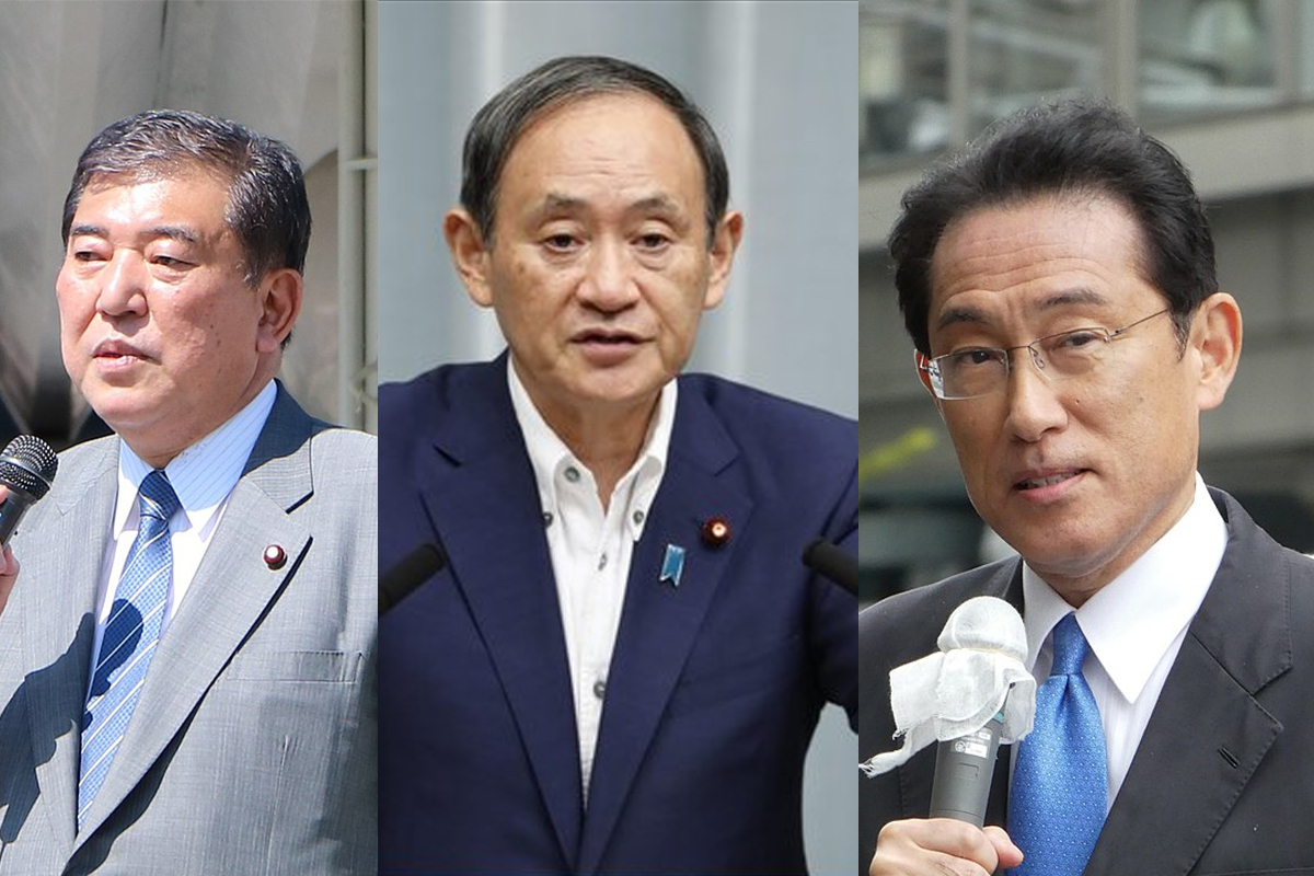 (왼쪽부터)이시바 시게루(石破茂) 전 자민당 간사장, 스가 요시히데(菅義偉) 관방장관, 기시다 후미오(岸田文雄) 정조회장. [위키백과, 마이니치신문]