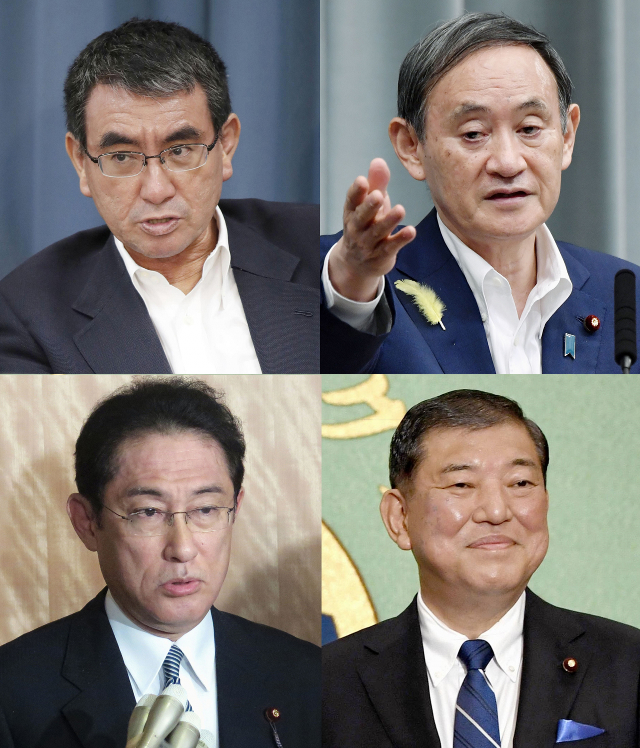 아베 신조(安倍晋三) 일본 총리가 사임 의향을 굳힌 것으로 알려짐에 따라 후임 총리에 관심이 쏠리고 있다. 왼쪽 위부터 시계 방향으로 고노 다로 방위상, 스가 요시히데(菅義偉) 관방장관, 이시바 시게루(石破茂) 전 자민당 간사장, 기시다 후미오(岸田文雄)전 외무상. [연합뉴스]