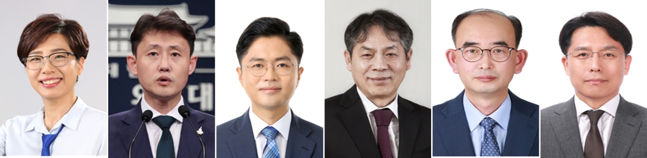 Newly appointed presidential secretaries. From left: Bae Jae-jeung, Yoon Jae-kwan, Kim Kwang-jin, Park Jin-sub, Chang Yong-seok and Noh Kyu-duk. (Yonhap)