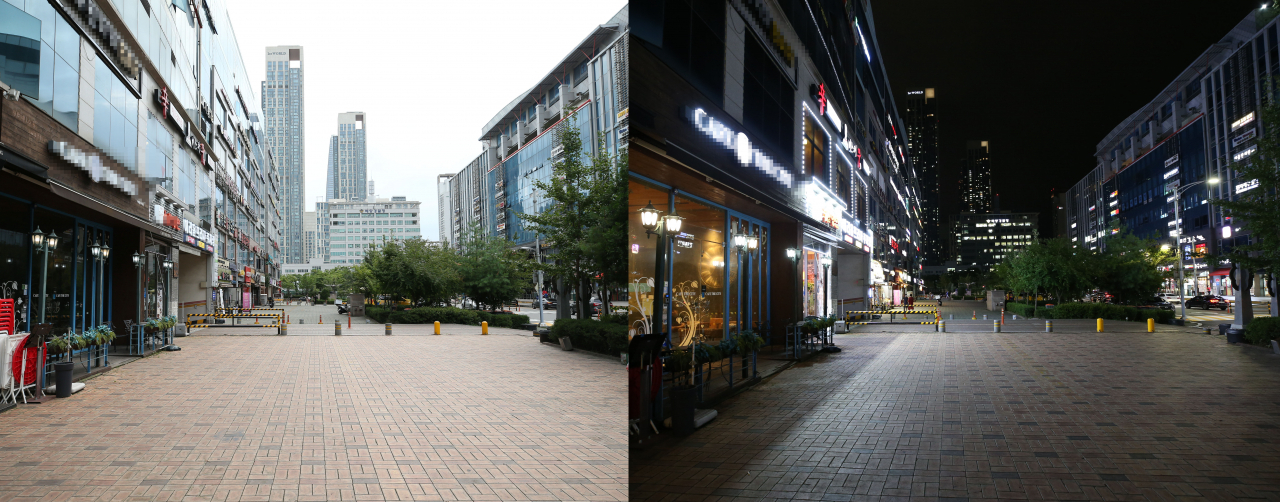 지난달 31일 인천시 연수구 송도국제도시 한 먹거리 골목이 낮과 밤 모두 한산한 모습을 보이고 있다. [연합]