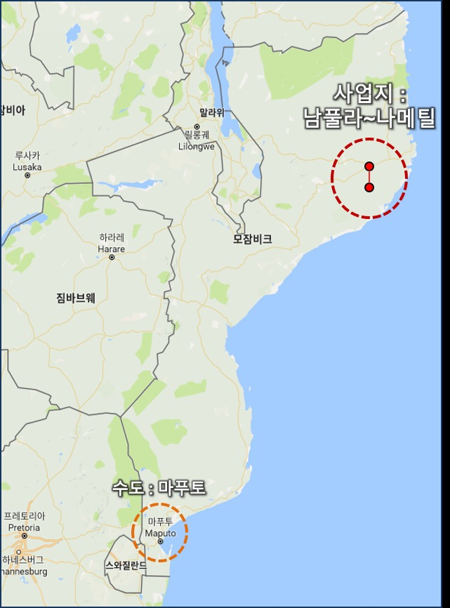 모잠비크 남풀라~나메틸 도로 위치도. [포스코건설 제공]
