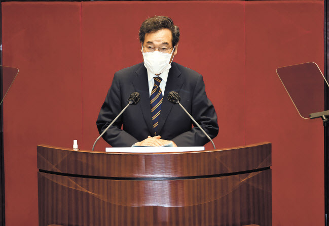 이낙연 더불어민주당 대표가 7일 국회 본회의에서 교섭단체 대표연설을 하고 있다. [연합]