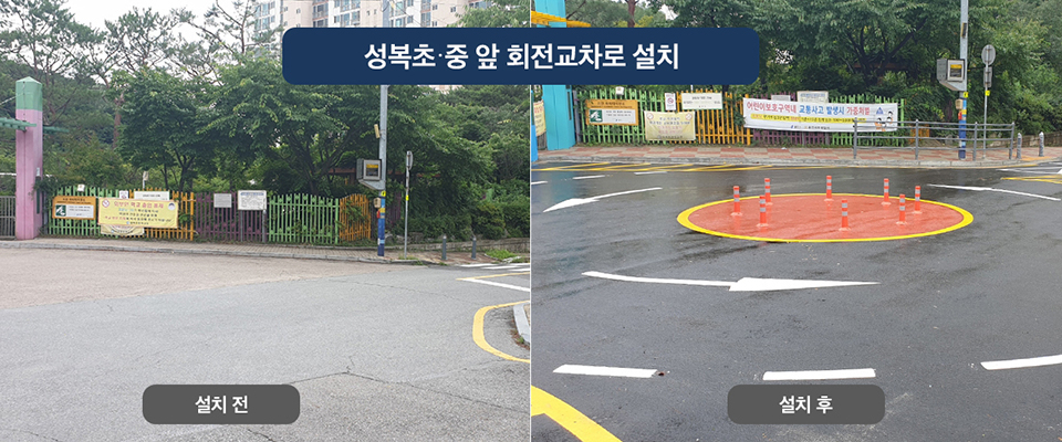 성복초‧중 앞 회전교차로 설치 전-후. [용인시 제공]